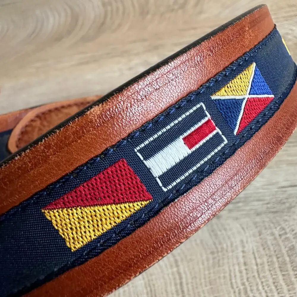 Tommy Hilfiger Vintage Spellout Logo Flags Brown Leather Branded Belt 34